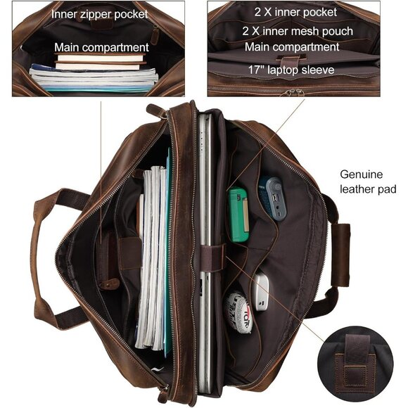 🆕Men Brown Fits 17.3 Inch Laptop Crossbody Shoulder Attached Leather Briefcase - Picture 7 of 12